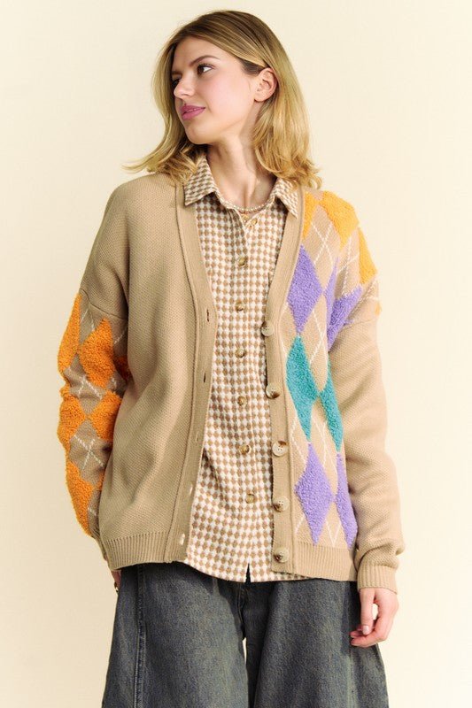 Davi & Dani - Argyle Button Front Cardigan in Tan