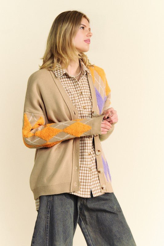 Davi & Dani - Argyle Button Front Cardigan in Tan