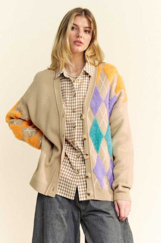 Davi & Dani - Argyle Button Front Cardigan in Tan