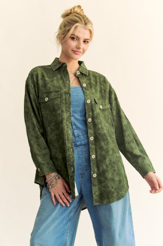 Davi & Dani - Army Green Curved Hem Button Up Denim Shacket