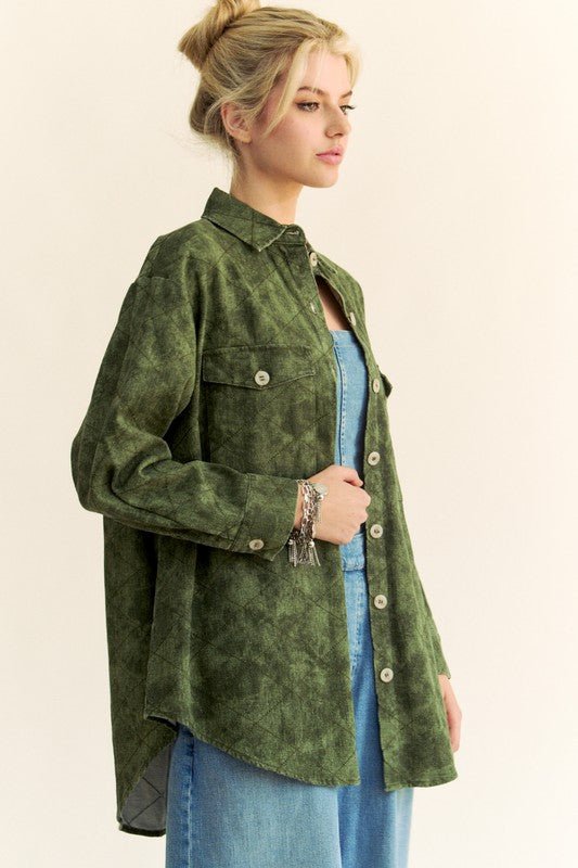 Davi & Dani - Army Green Curved Hem Button Up Denim Shacket