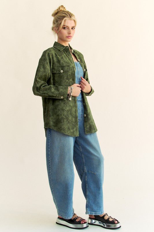 Davi & Dani - Army Green Curved Hem Button Up Denim Shacket