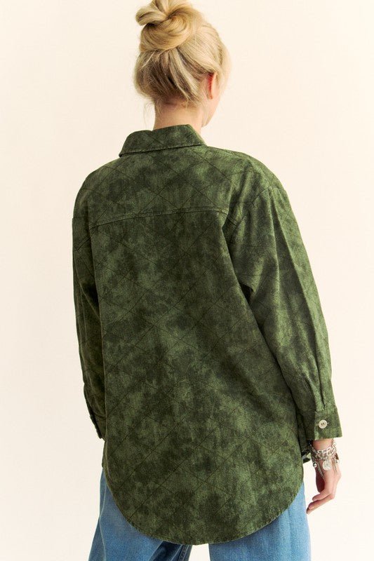 Davi & Dani - Army Green Curved Hem Button Up Denim Shacket