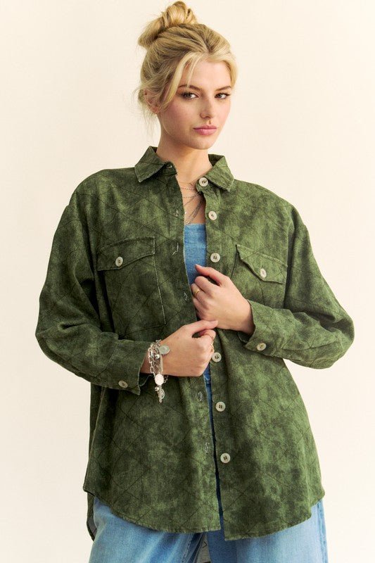 Davi & Dani - Army Green Curved Hem Button Up Denim Shacket