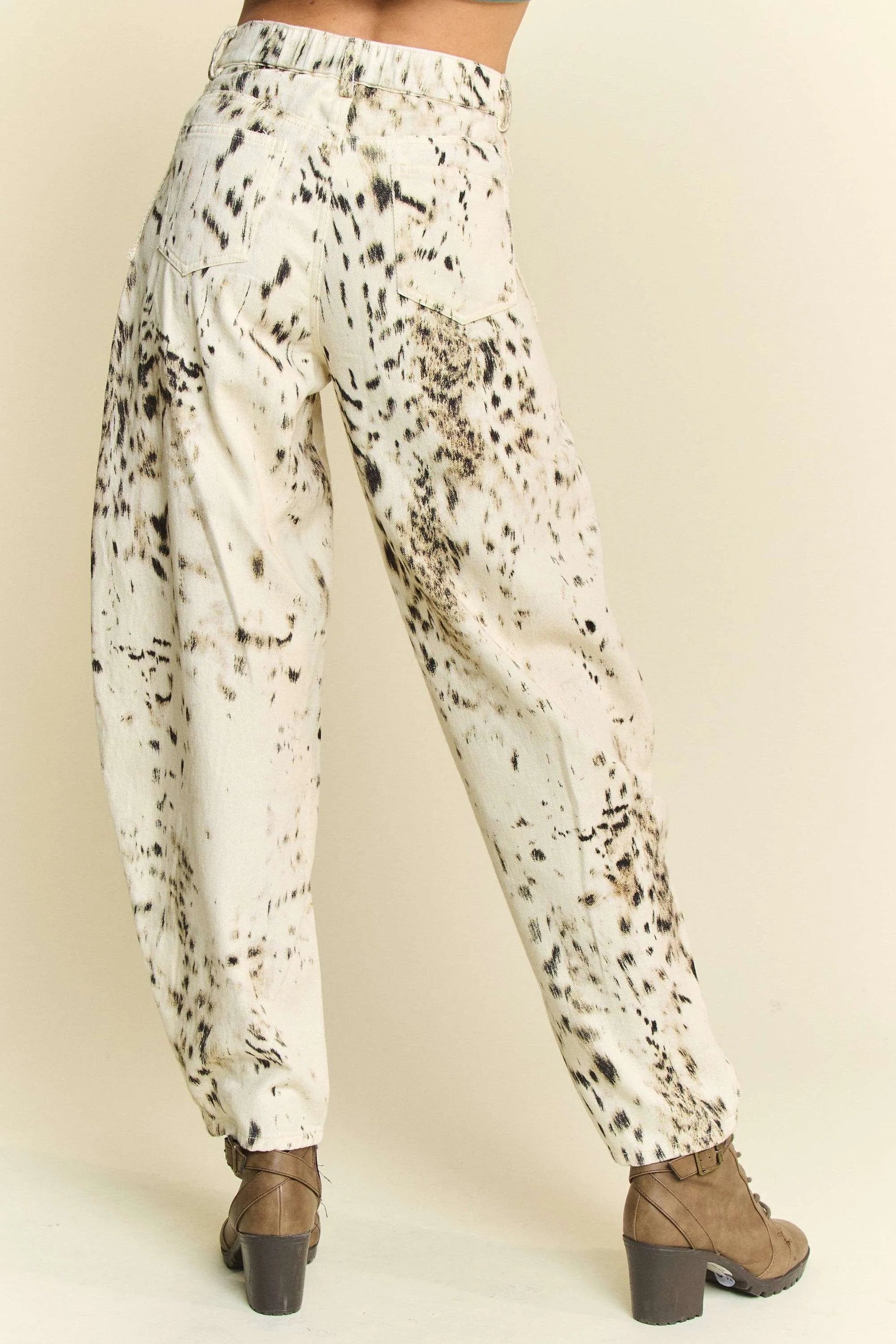 Davi & Dani - Beige & Black Abstract Print Wide Leg Jeans