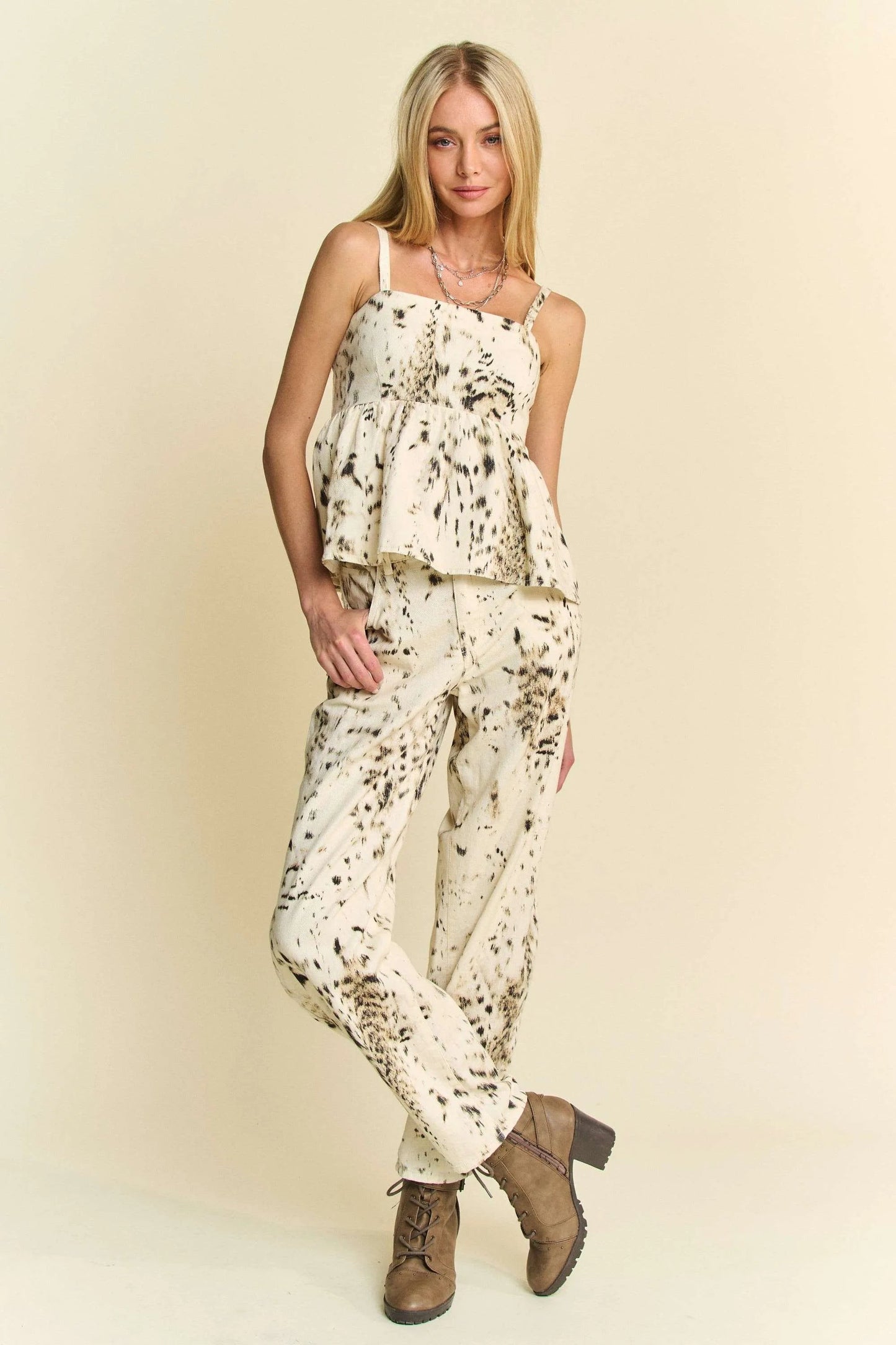 Davi & Dani - Beige & Black Abstract Print Wide Leg Jeans