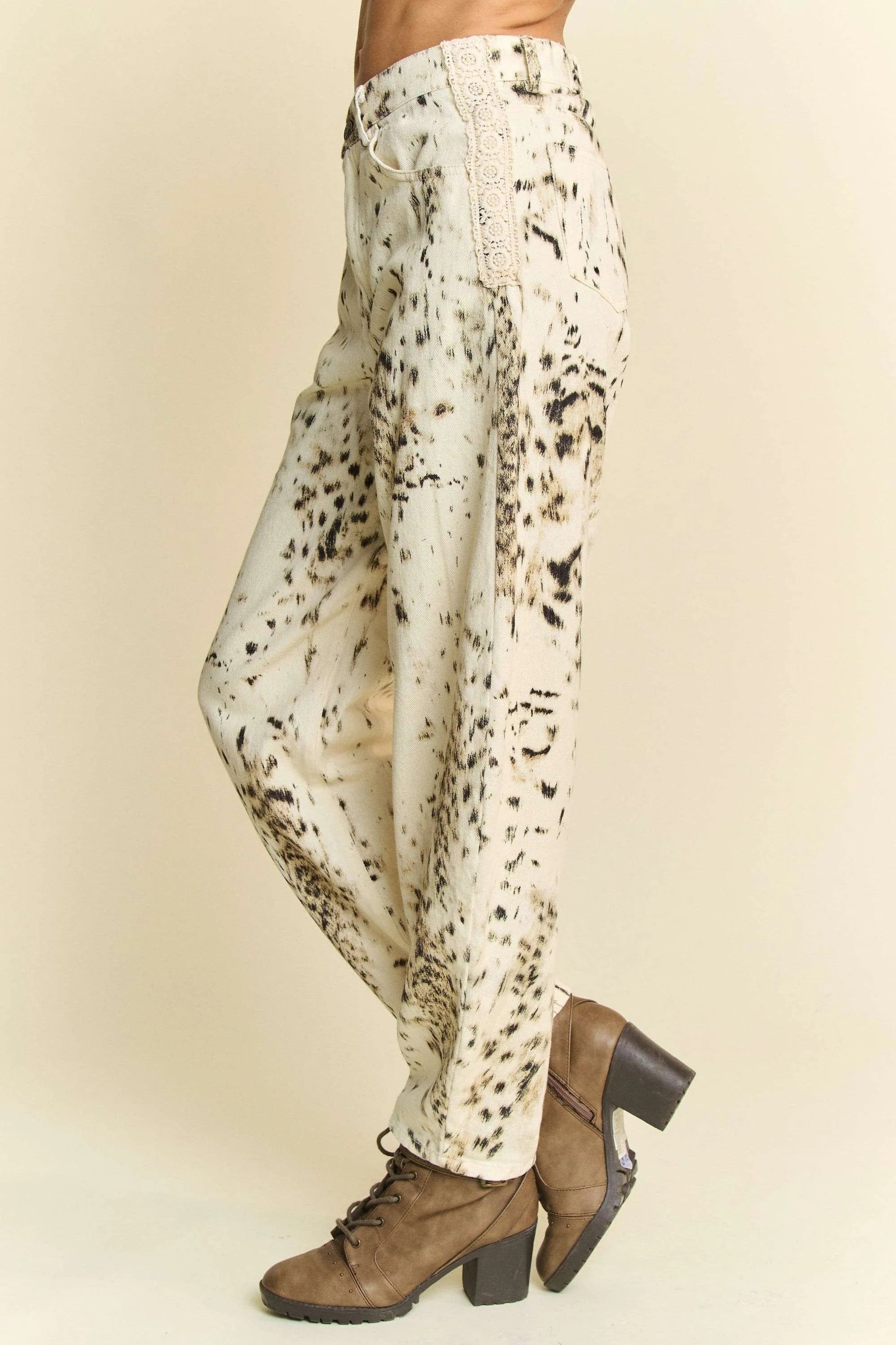 Davi & Dani - Beige & Black Abstract Print Wide Leg Jeans