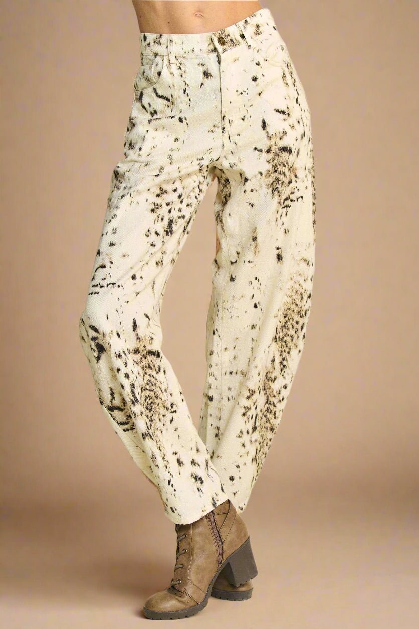Davi & Dani - Beige & Black Abstract Print Wide Leg Jeans