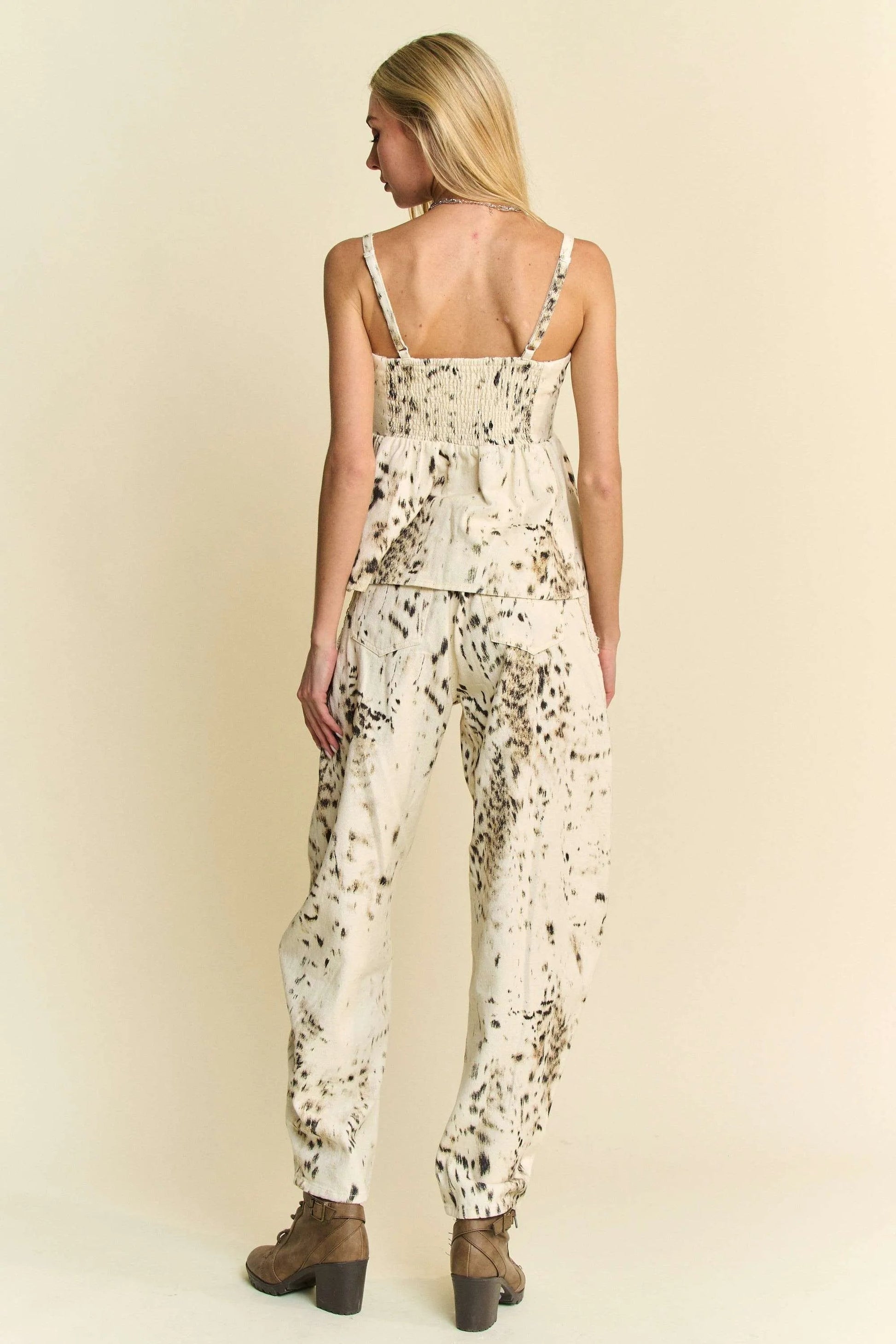 Davi & Dani - Beige & Black Abstract Print Wide Leg Jeans