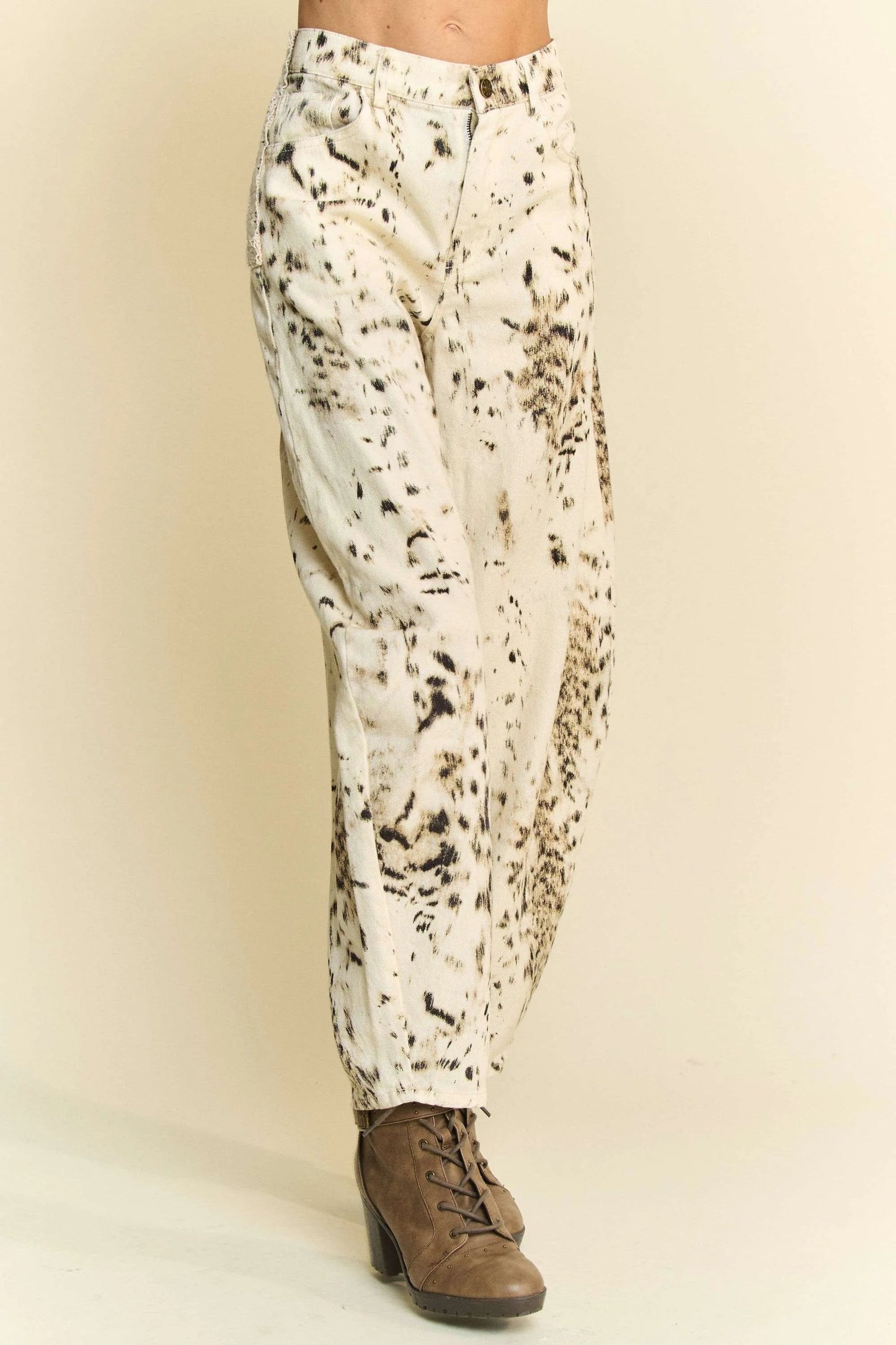 Davi & Dani - Beige & Black Abstract Print Wide Leg Jeans