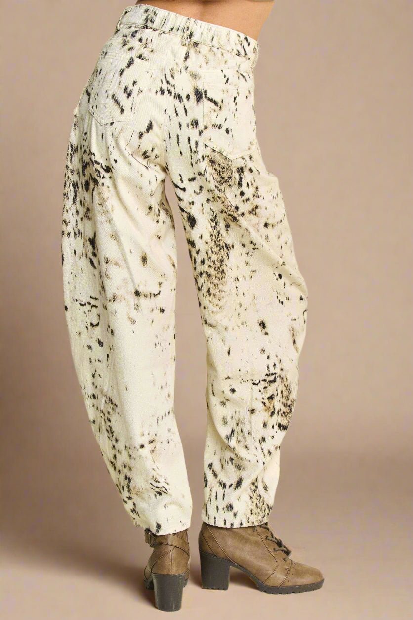 Davi & Dani - Beige & Black Abstract Print Wide Leg Jeans