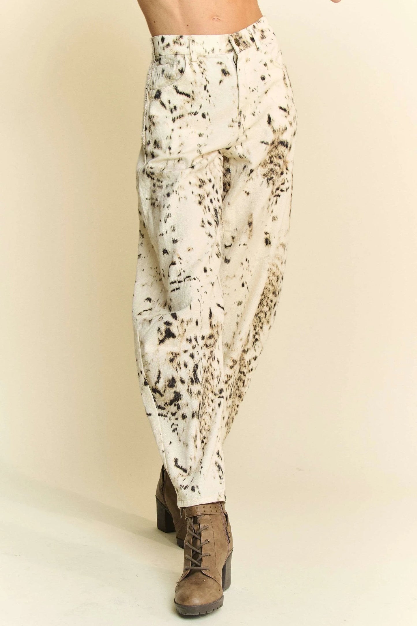 Davi & Dani - Beige & Black Abstract Print Wide Leg Jeans