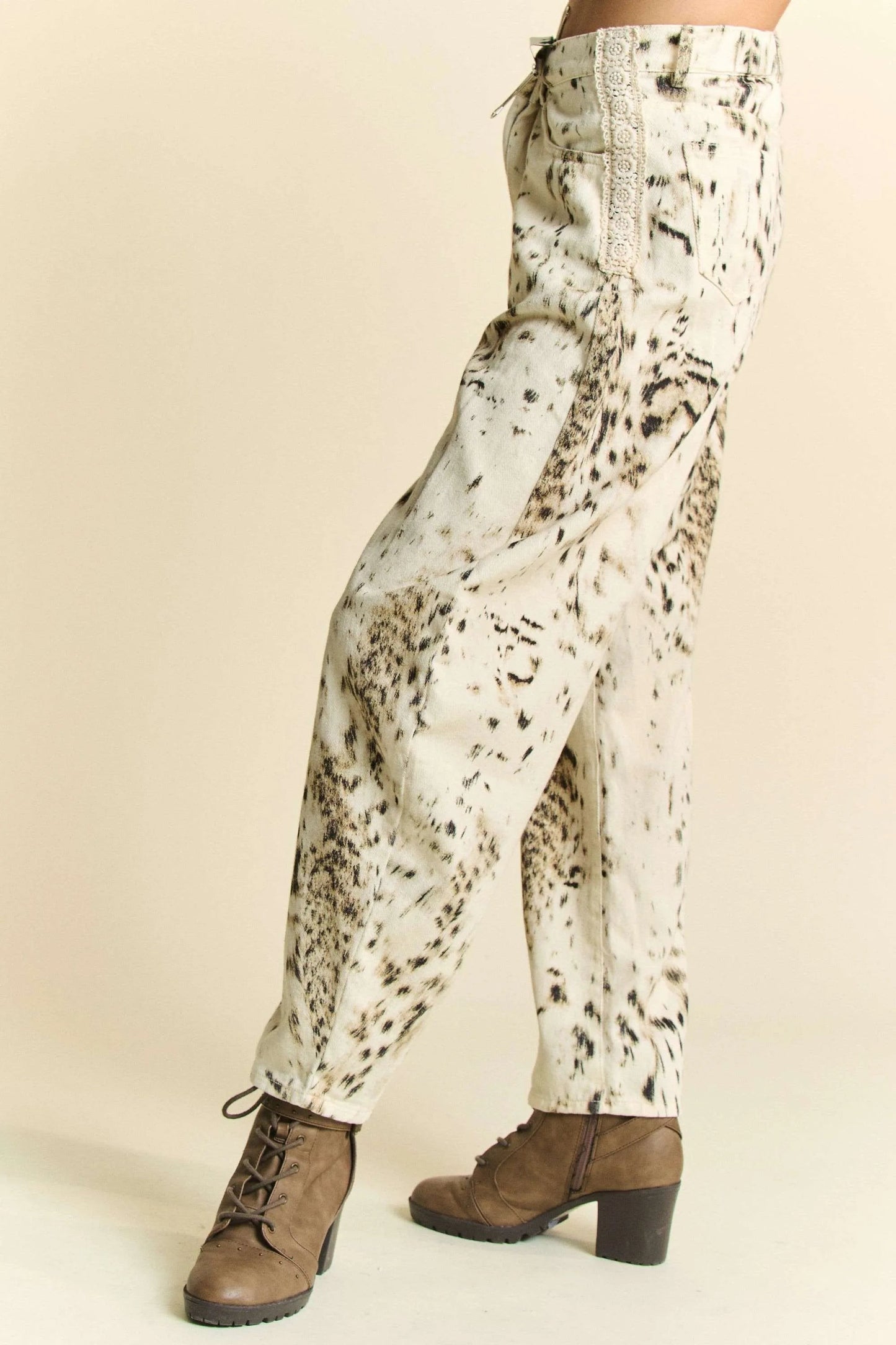 Davi & Dani - Beige & Black Abstract Print Wide Leg Jeans