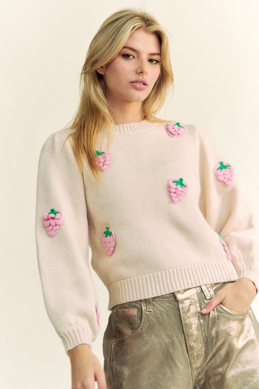 Davi & Dani - Beige Crocheted Strawberries Sweater