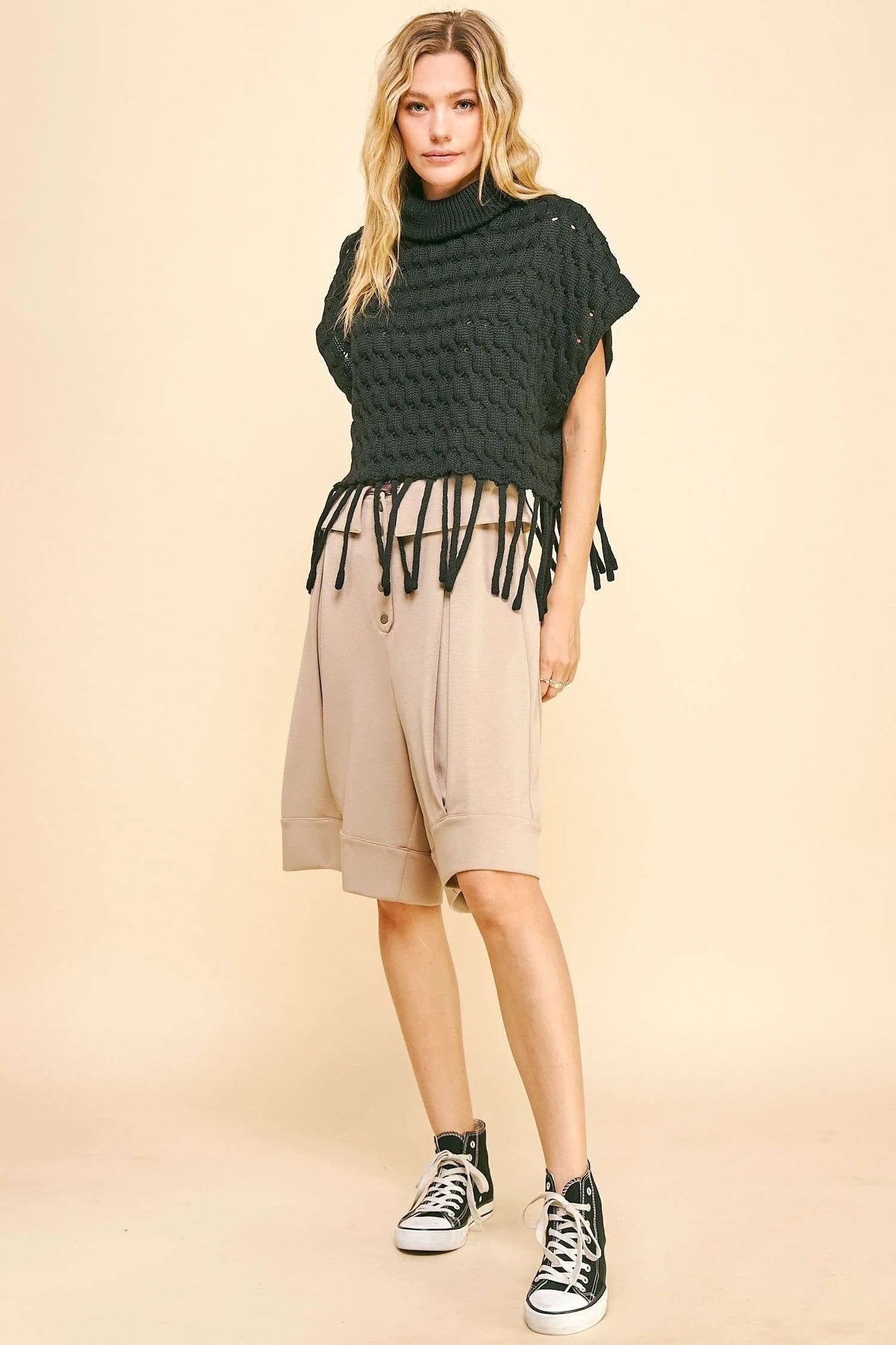 Davi & Dani - Beige Pleated Wide Leg Shorts with Tie Waist