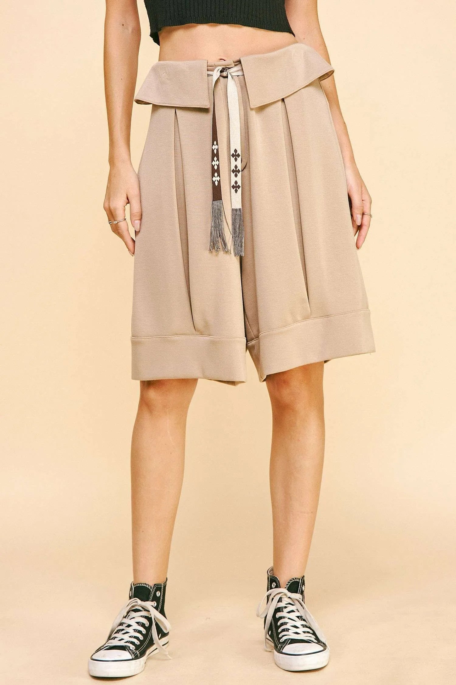 Davi & Dani - Beige Pleated Wide Leg Shorts with Tie Waist