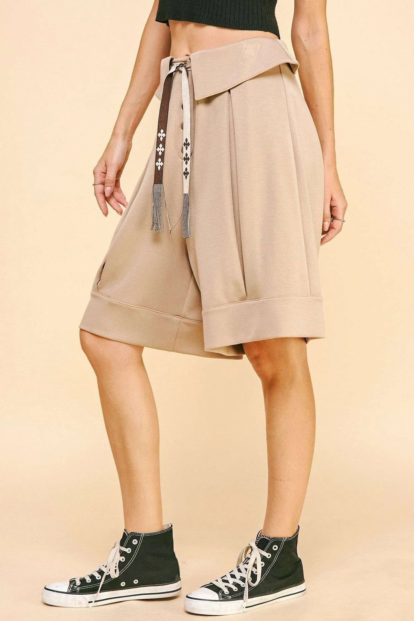 Davi & Dani - Beige Pleated Wide Leg Shorts with Tie Waist
