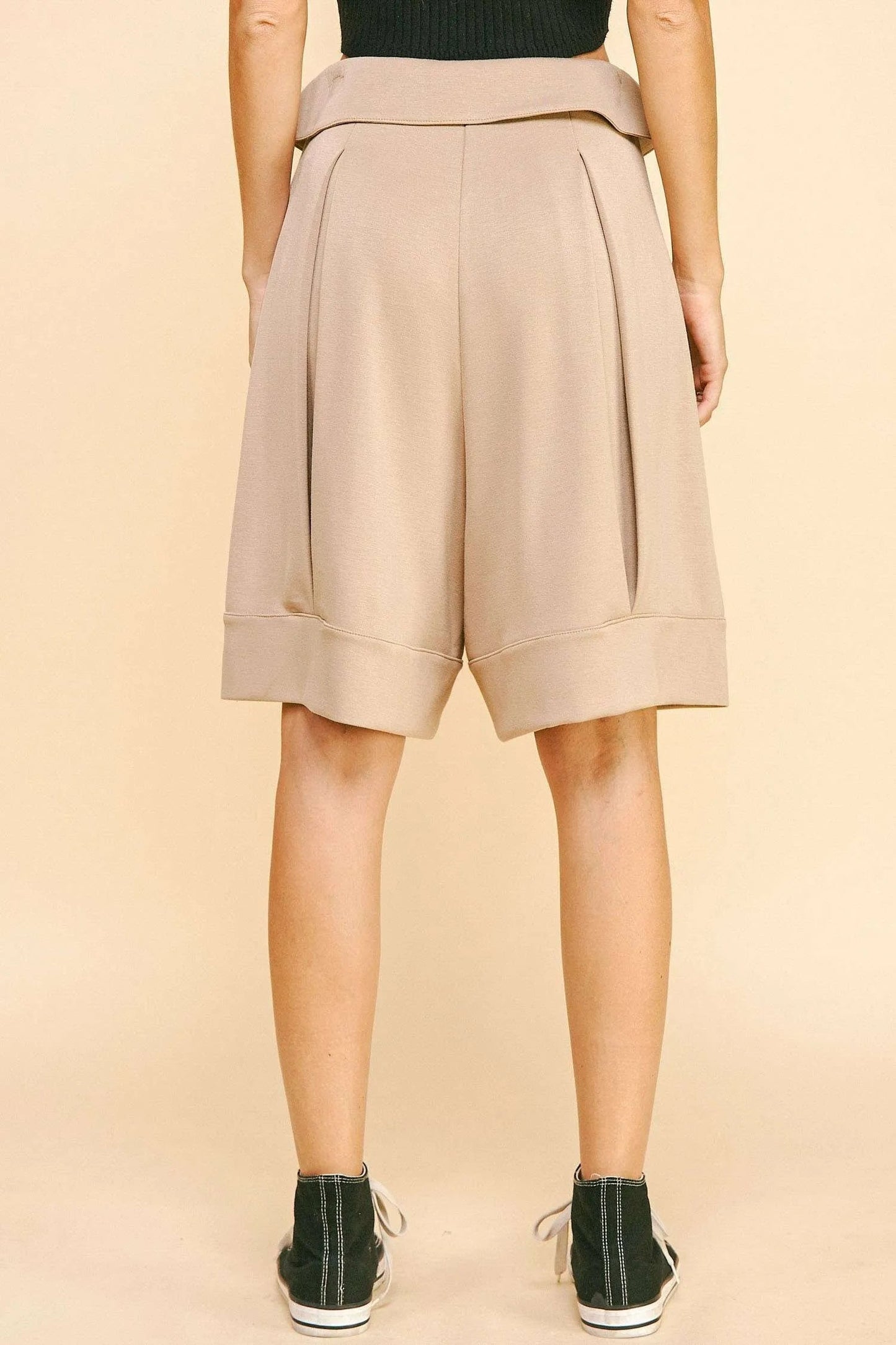 Davi & Dani - Beige Pleated Wide Leg Shorts with Tie Waist
