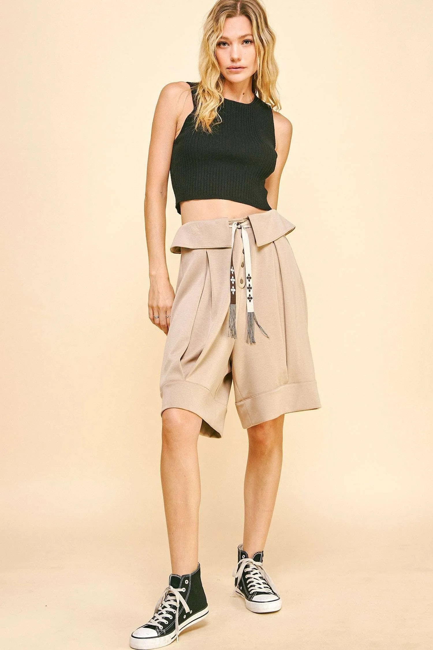 Davi & Dani - Beige Pleated Wide Leg Shorts with Tie Waist