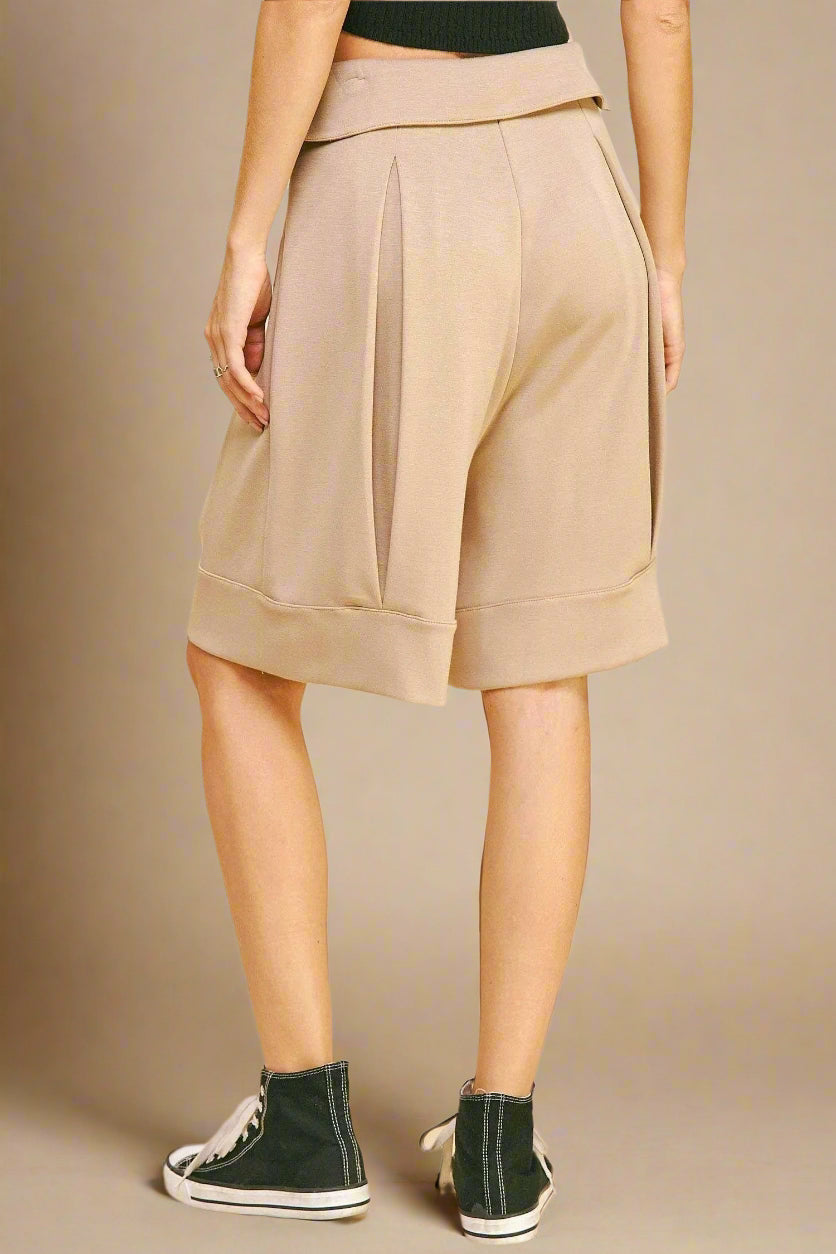 Davi & Dani - Beige Pleated Wide Leg Shorts with Tie Waist