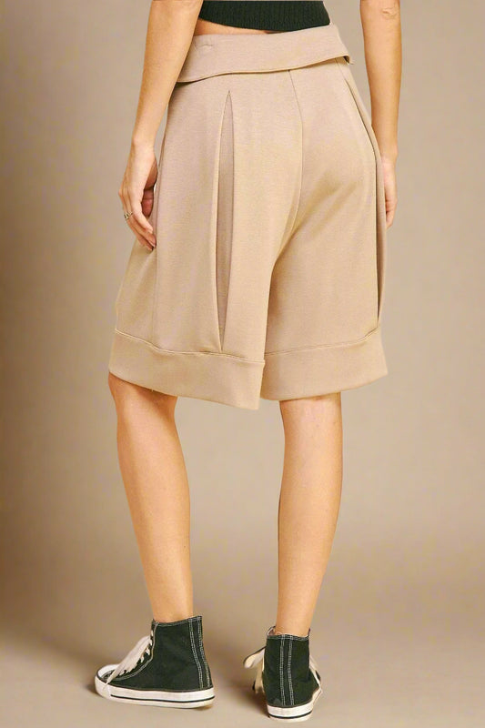 Davi & Dani - Beige Pleated Wide Leg Shorts with Tie Waist