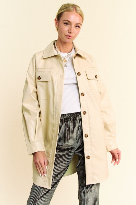 Davi & Dani - Beige Vegan Leather Button Up Jacket