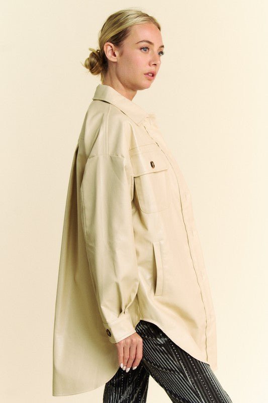 Davi & Dani - Beige Vegan Leather Button Up Jacket