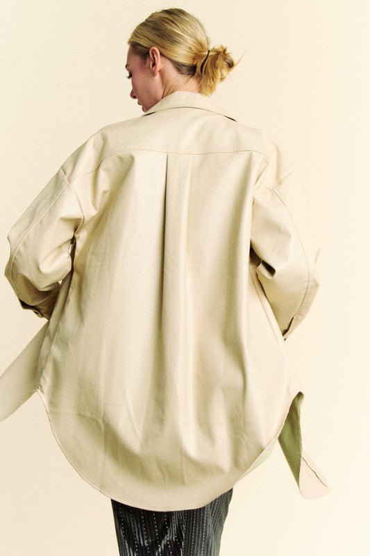 Davi & Dani - Beige Vegan Leather Button Up Jacket