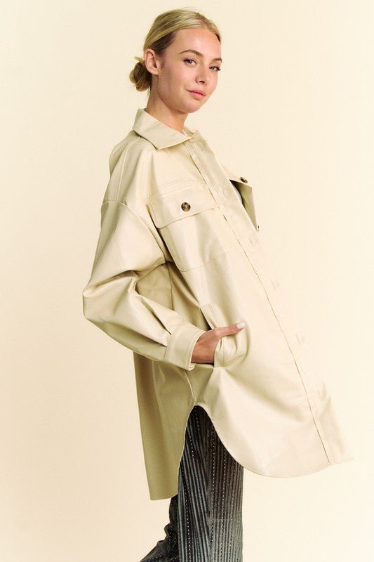 Davi & Dani - Beige Vegan Leather Button Up Jacket