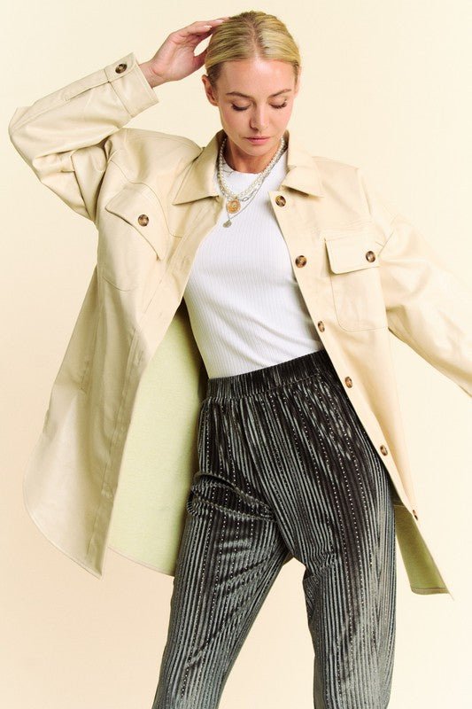 Davi & Dani - Beige Vegan Leather Button Up Jacket