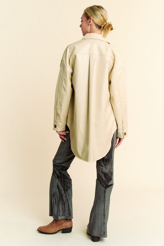 Davi & Dani - Beige Vegan Leather Button Up Jacket