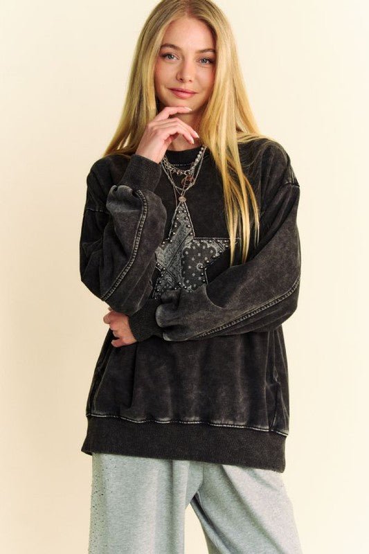 Davi & Dani - Black Acid Washed Studded Star Patch Sweatshirt