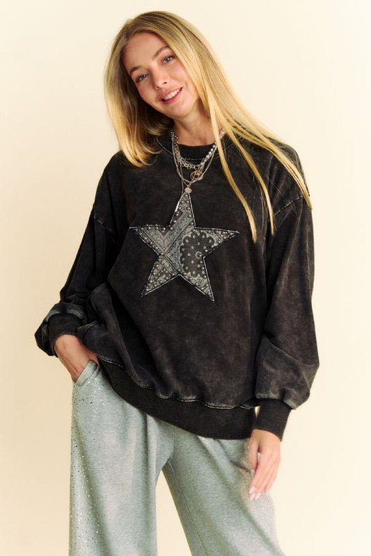 Davi & Dani - Black Acid Washed Studded Star Patch Sweatshirt