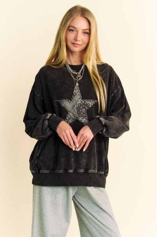 Davi & Dani - Black Acid Washed Studded Star Patch Sweatshirt