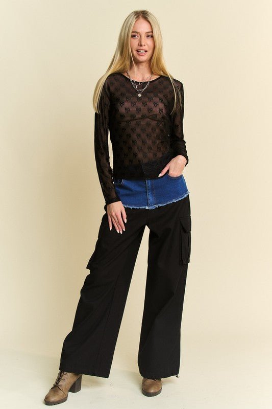 Davi & Dani - Black Bow Pattern Long Sleeve Lace Top