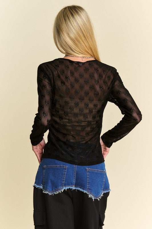 Davi & Dani - Black Bow Pattern Long Sleeve Lace Top