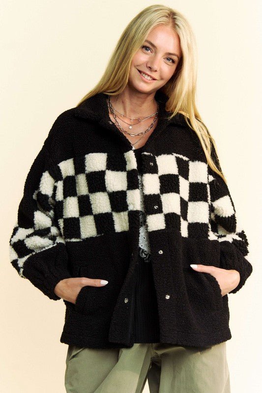 Davi & Dani - Black Checkered Snap Down Sherpa Jacket