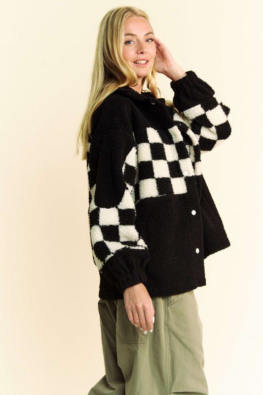 Davi & Dani - Black Checkered Snap Down Sherpa Jacket