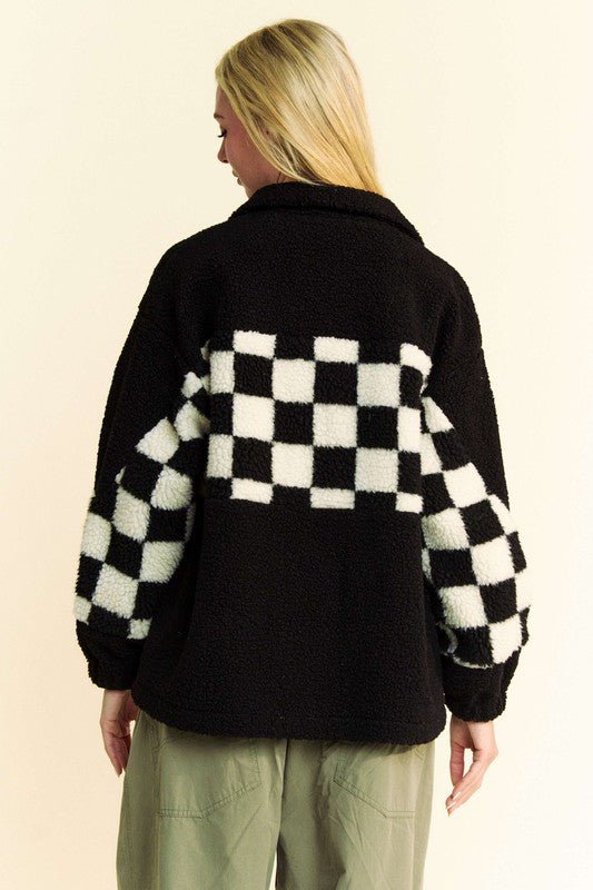 Davi & Dani - Black Checkered Snap Down Sherpa Jacket