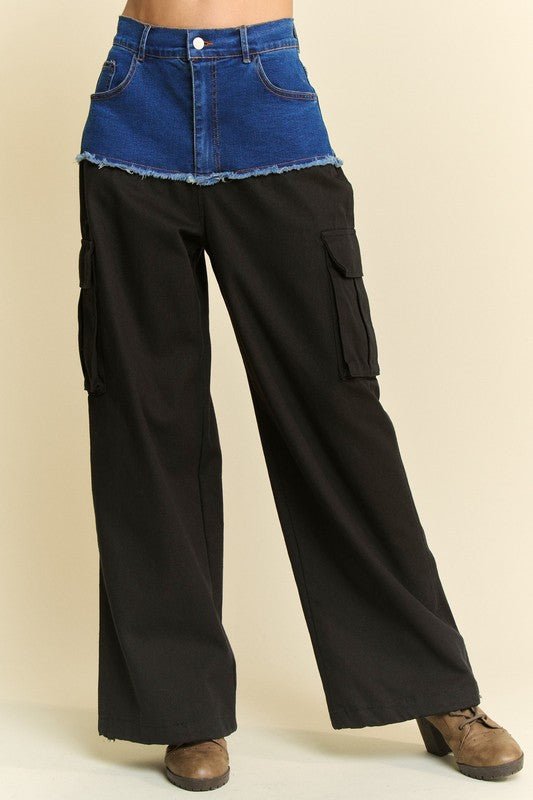 Davi & Dani - Black Denim Patchwork Wide Cargo Leg Pants