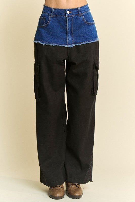 Davi & Dani - Black Denim Patchwork Wide Cargo Leg Pants