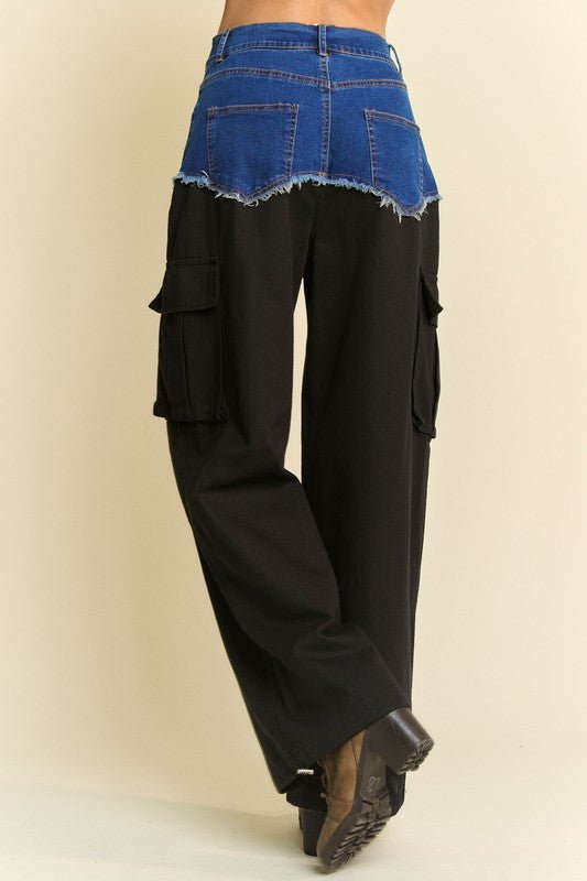 Davi & Dani - Black Denim Patchwork Wide Cargo Leg Pants