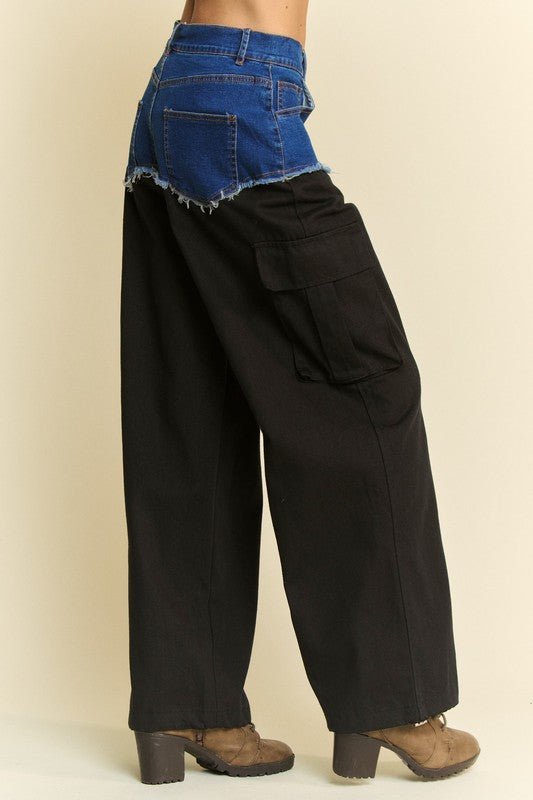 Davi & Dani - Black Denim Patchwork Wide Cargo Leg Pants