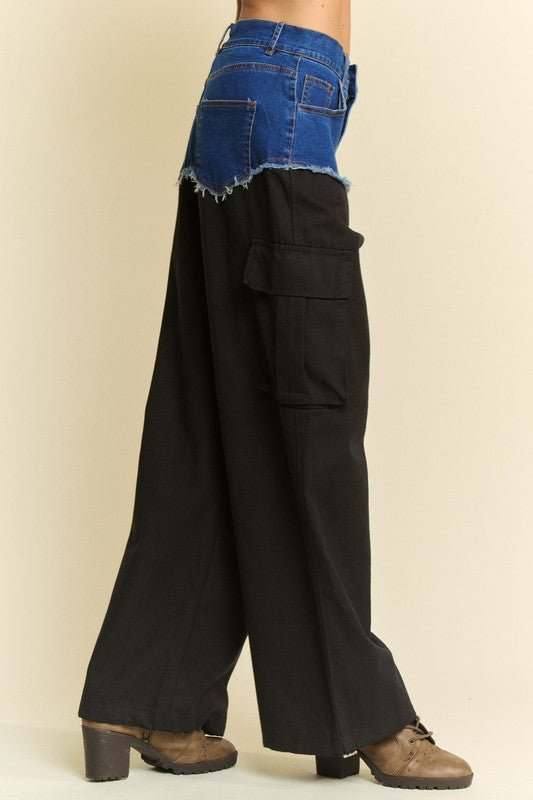 Davi & Dani - Black Denim Patchwork Wide Cargo Leg Pants