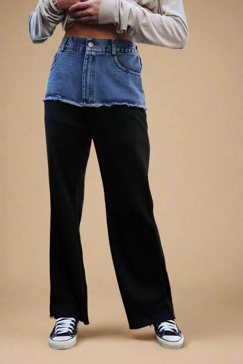 Davi & Dani - Black Denim Patchwork Wide Leg Pants