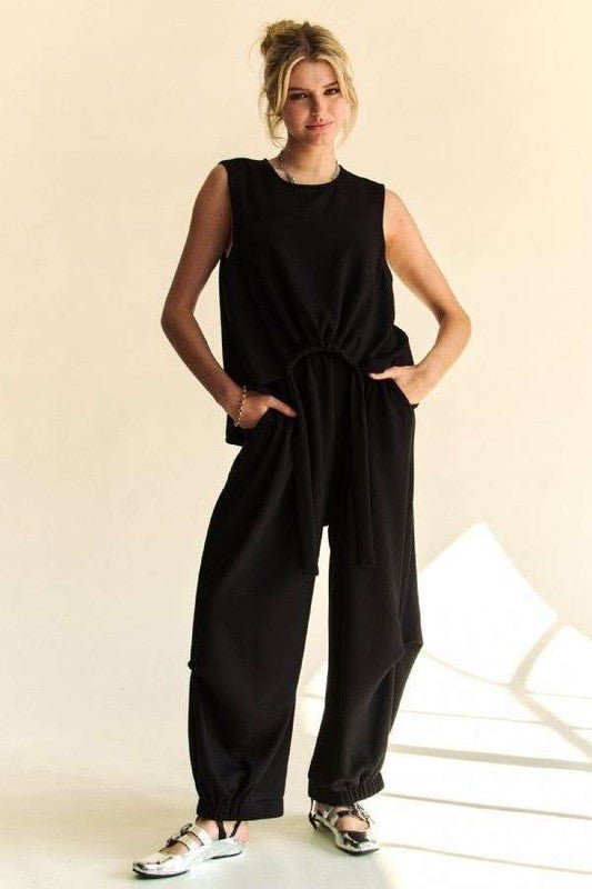 Davi & Dani - Black Drawstring Hem Tank Top & Pants Set