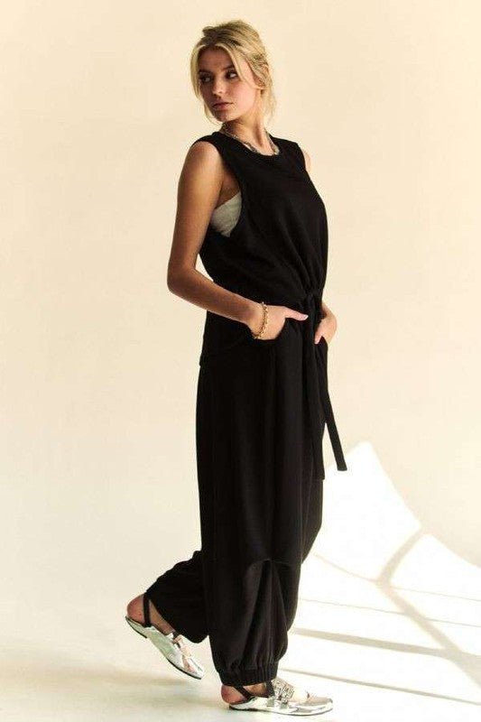 Davi & Dani - Black Drawstring Hem Tank Top & Pants Set