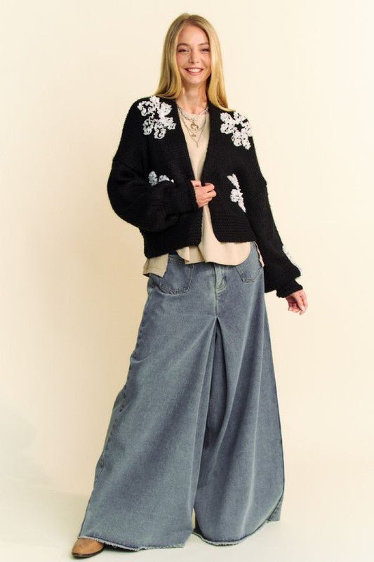 Davi & Dani - Black Floral Appliqué Open Front Cardigan