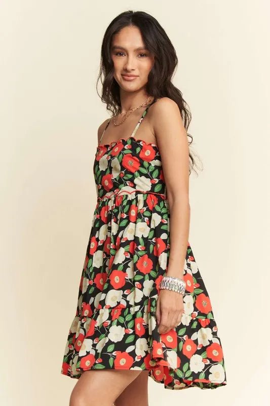 Davi & Dani - Black Floral Cutout Back Mini Dress
