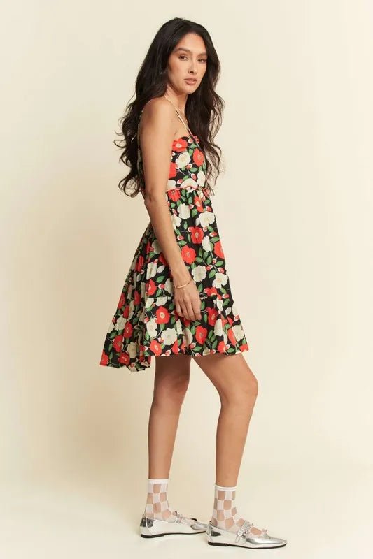 Davi & Dani - Black Floral Cutout Back Mini Dress